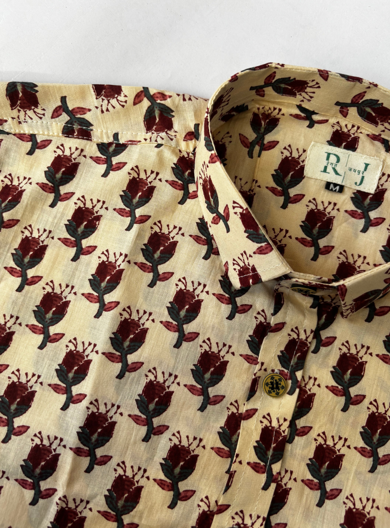 Cream & Maroon Traditional Block Print Shirt for Men