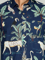 Tropical Birds and Leopard Print Shirt - Blue
