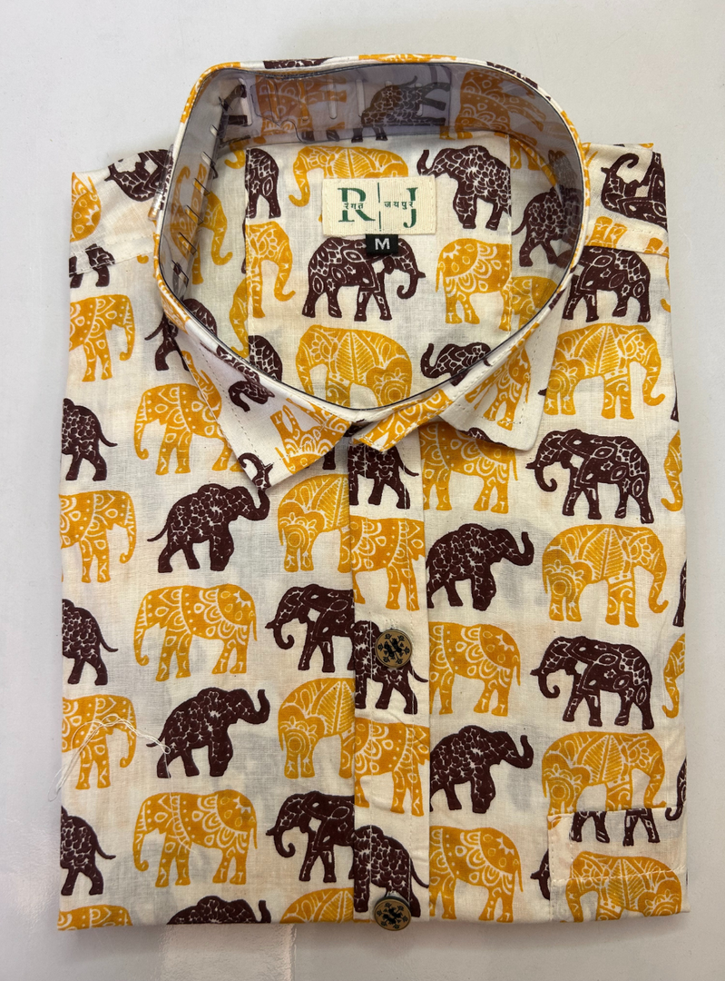 Jaipuri Gajraj Print Shirt - Yellow Brown