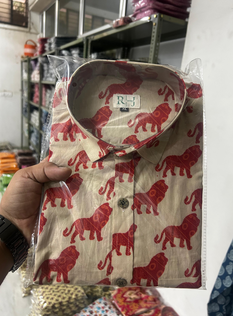 Beige Lion Pattern Printed Shirt for Men – Premium Cotton