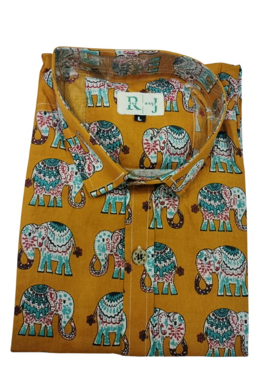 Mustard Yellow Elephant Motif Printed Cotton Shirt