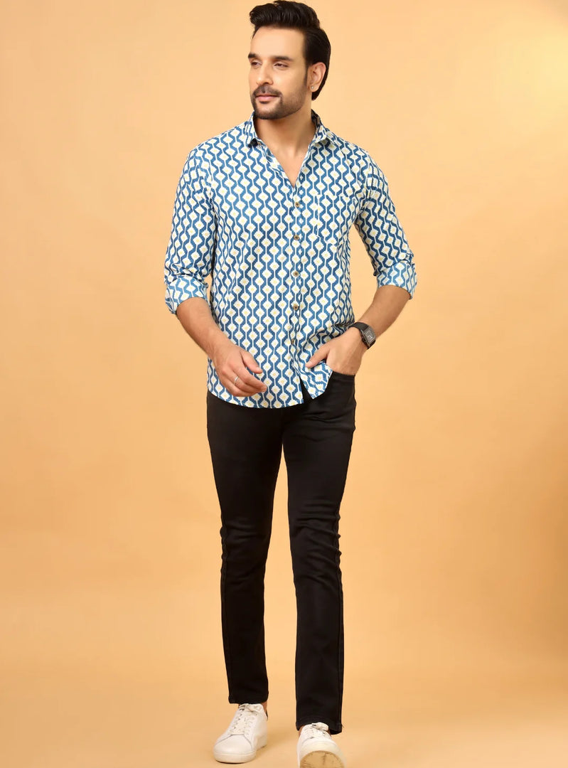 Blue Sanganeri Cotton Printed Shirt
