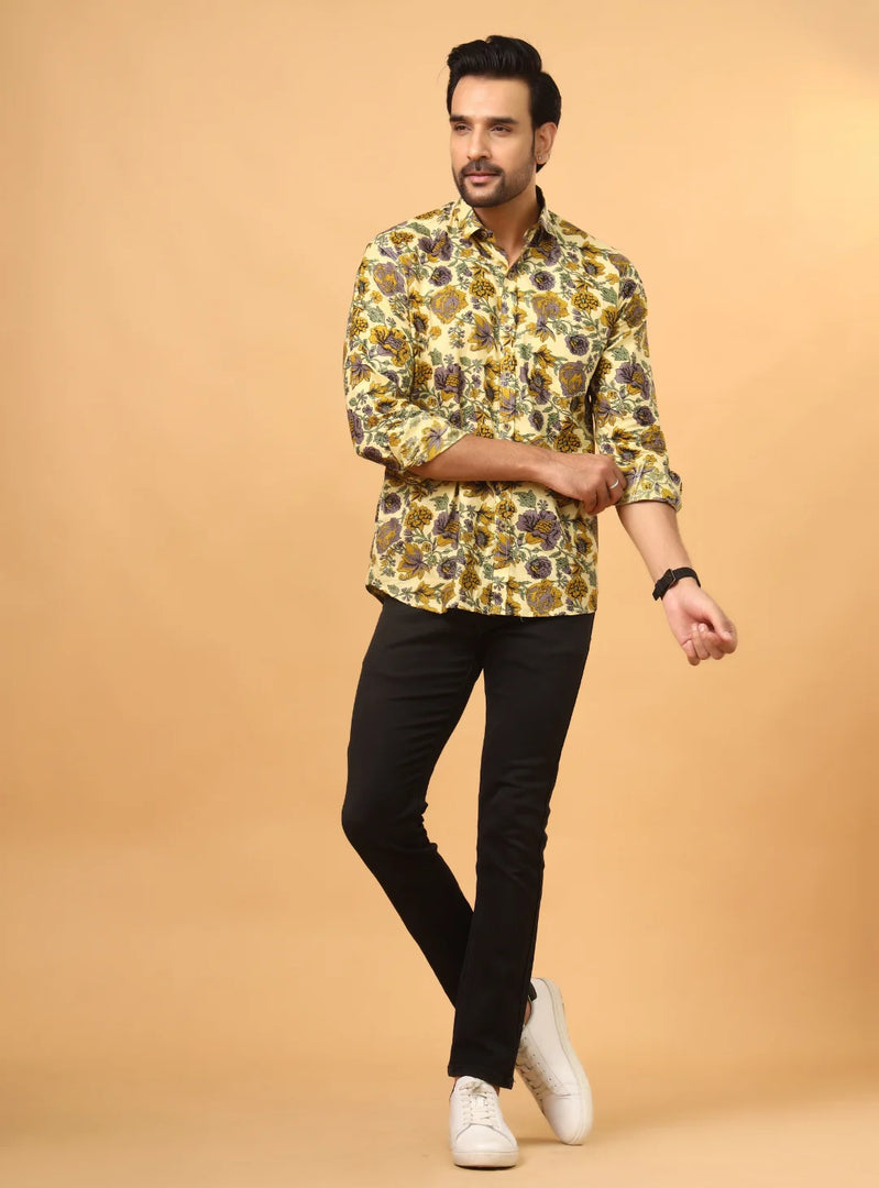 Premium Cotton Shirt – Yellow Floral Handblock Print