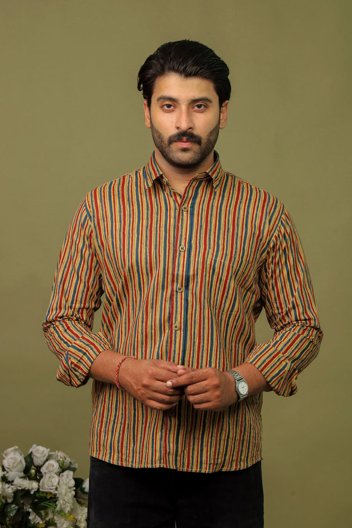 Rangat Jaipur Multicolor Sanganeri Striped Cotton Shirt for Men