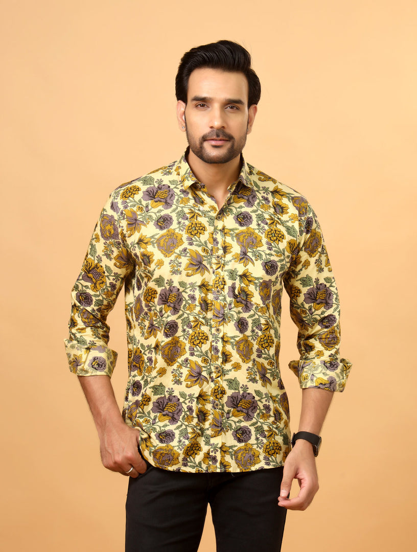 Men’s Yellow Handblock Printed Floral Cotton Shirt