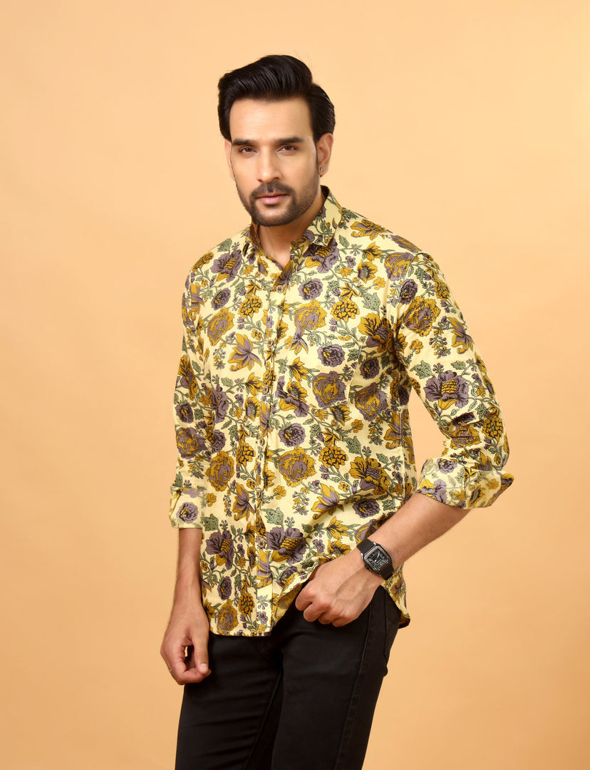 Men’s Yellow Handblock Printed Floral Cotton Shirt