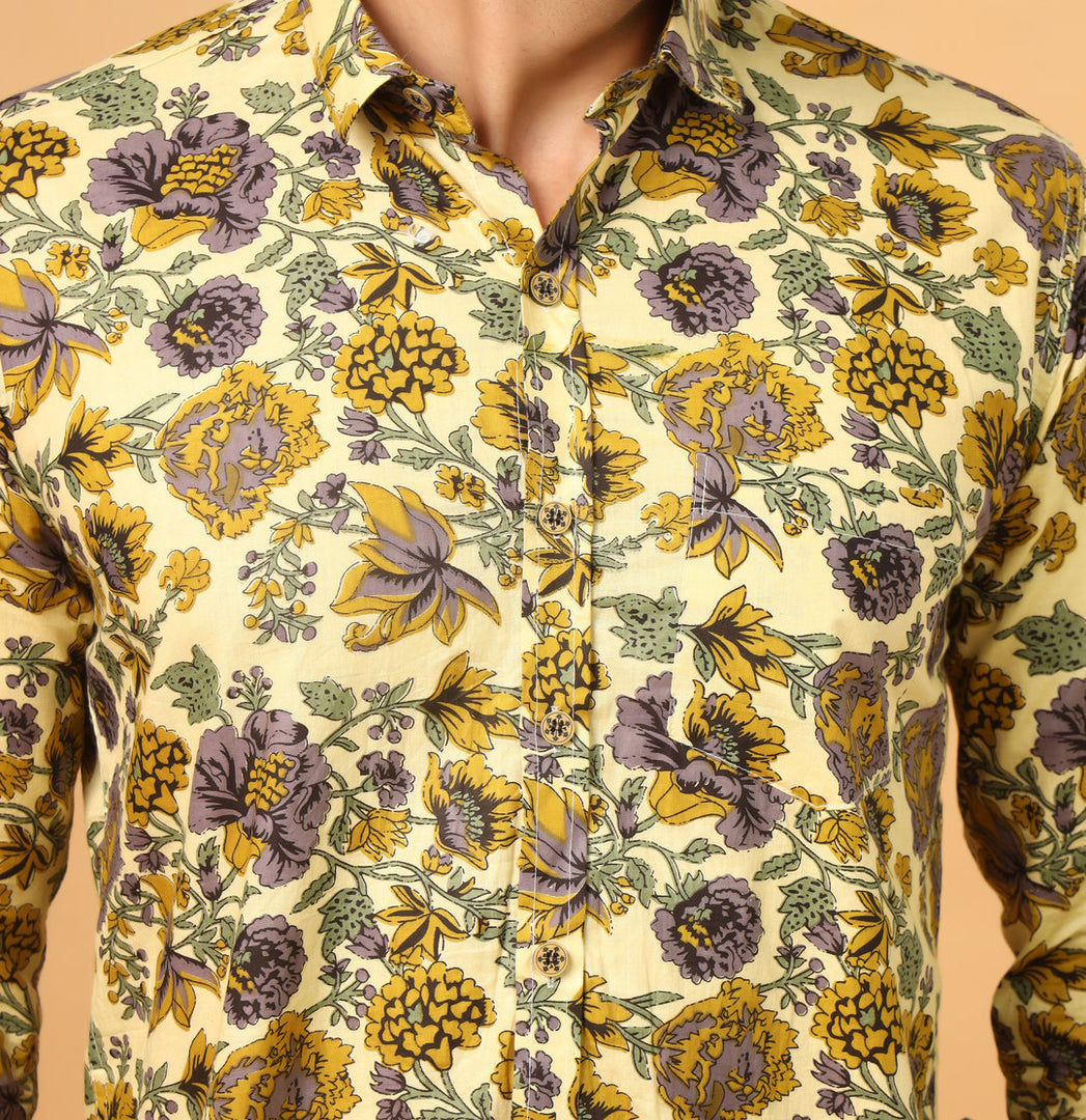 Men’s Yellow Handblock Printed Floral Cotton Shirt