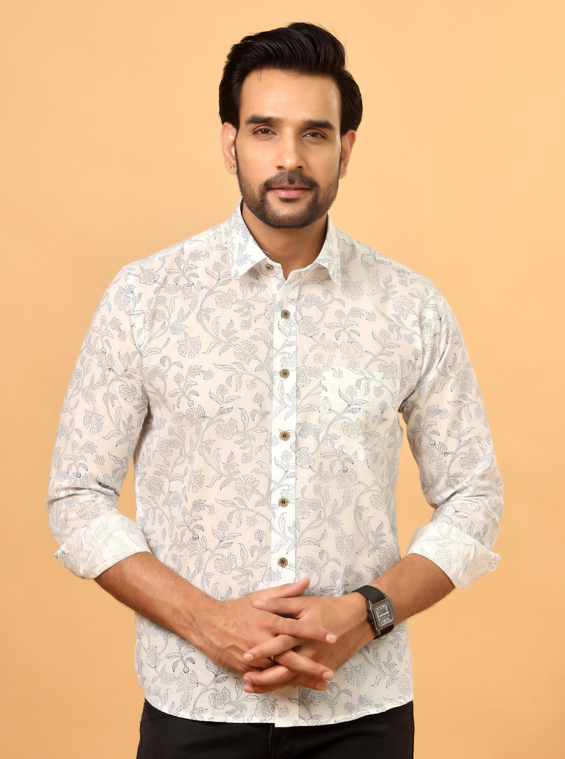 White Sanganeri Floral Printed Cotton Shirt