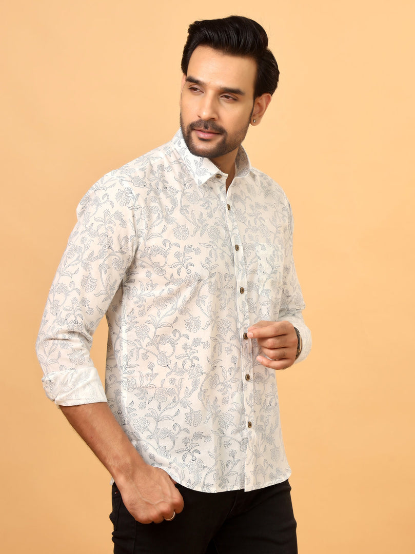 White Sanganeri Floral Printed Cotton Shirt