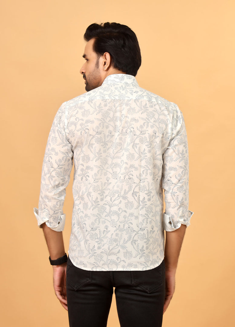 White Sanganeri Floral Printed Cotton Shirt