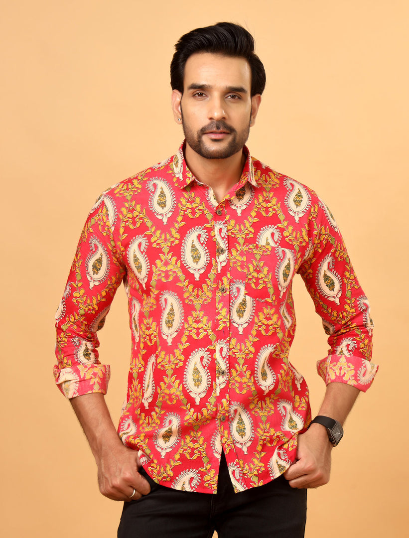 Pink Jaipuri Paisley Printed Cotton Shirt for Men