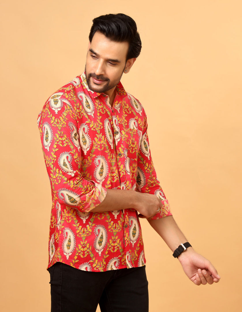 Pink Jaipuri Paisley Printed Cotton Shirt for Men