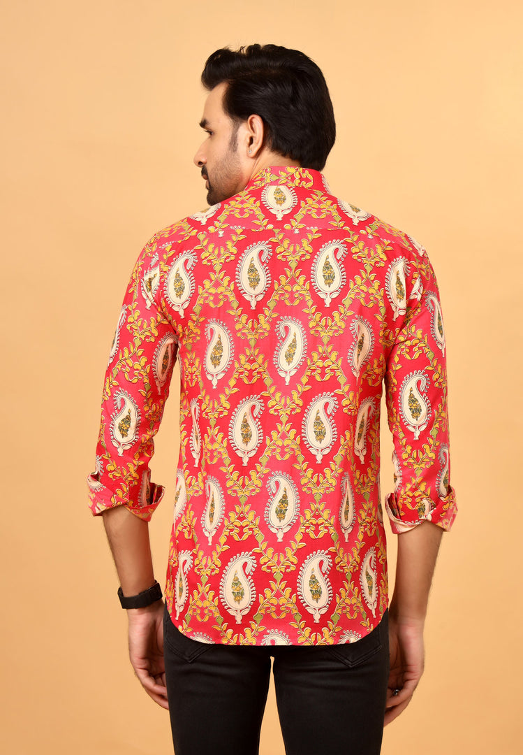 Pink Jaipuri Paisley Printed Cotton Shirt for Men