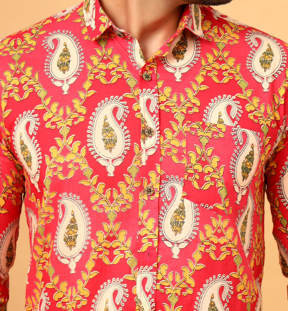 Pink Jaipuri Paisley Printed Cotton Shirt for Men