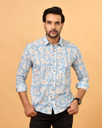 Load image into Gallery viewer, Men's Blue and White Floral Printed Cotton Shirt