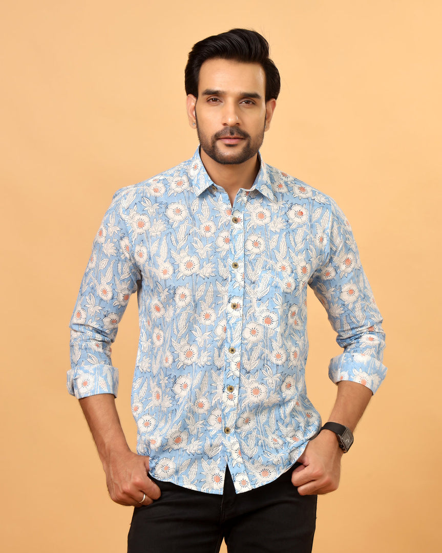 Men's Blue and White Floral Printed Cotton Shirt