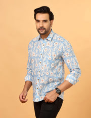 Men's Blue and White Floral Printed Cotton Shirt