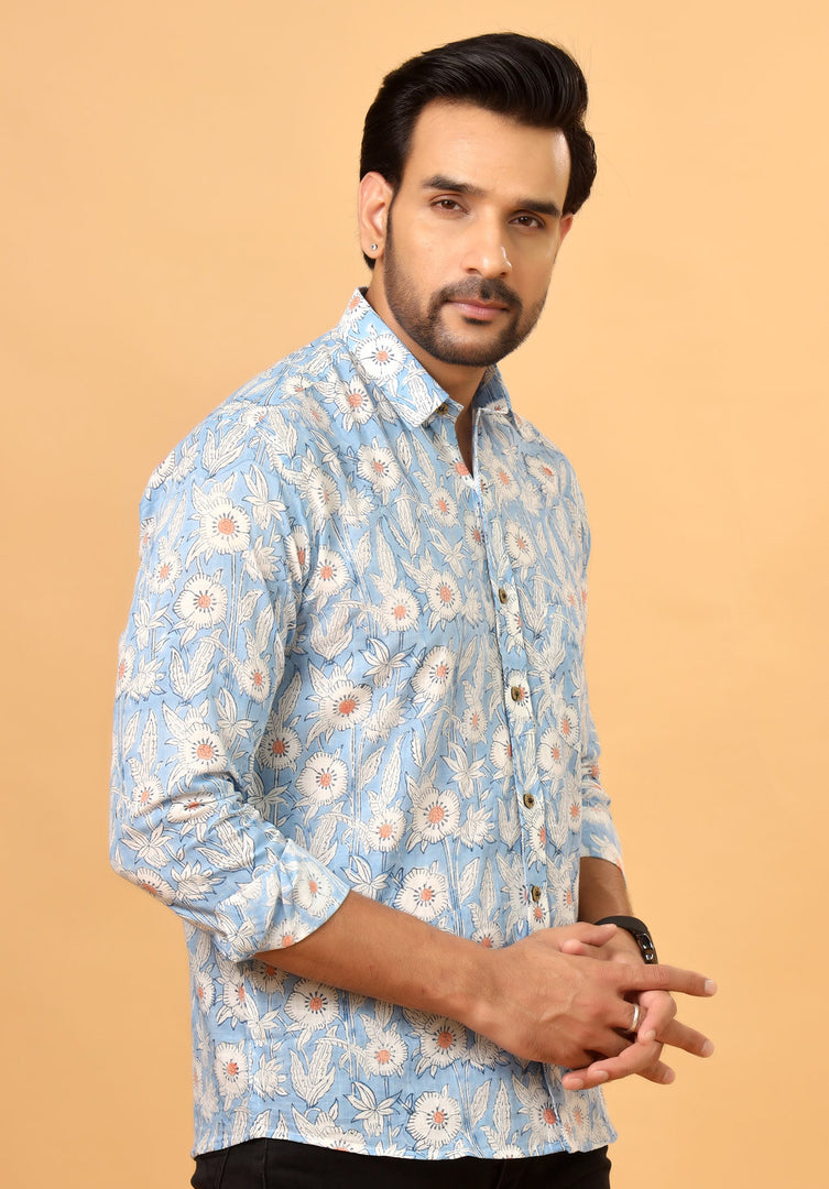 Men's Blue and White Floral Printed Cotton Shirt