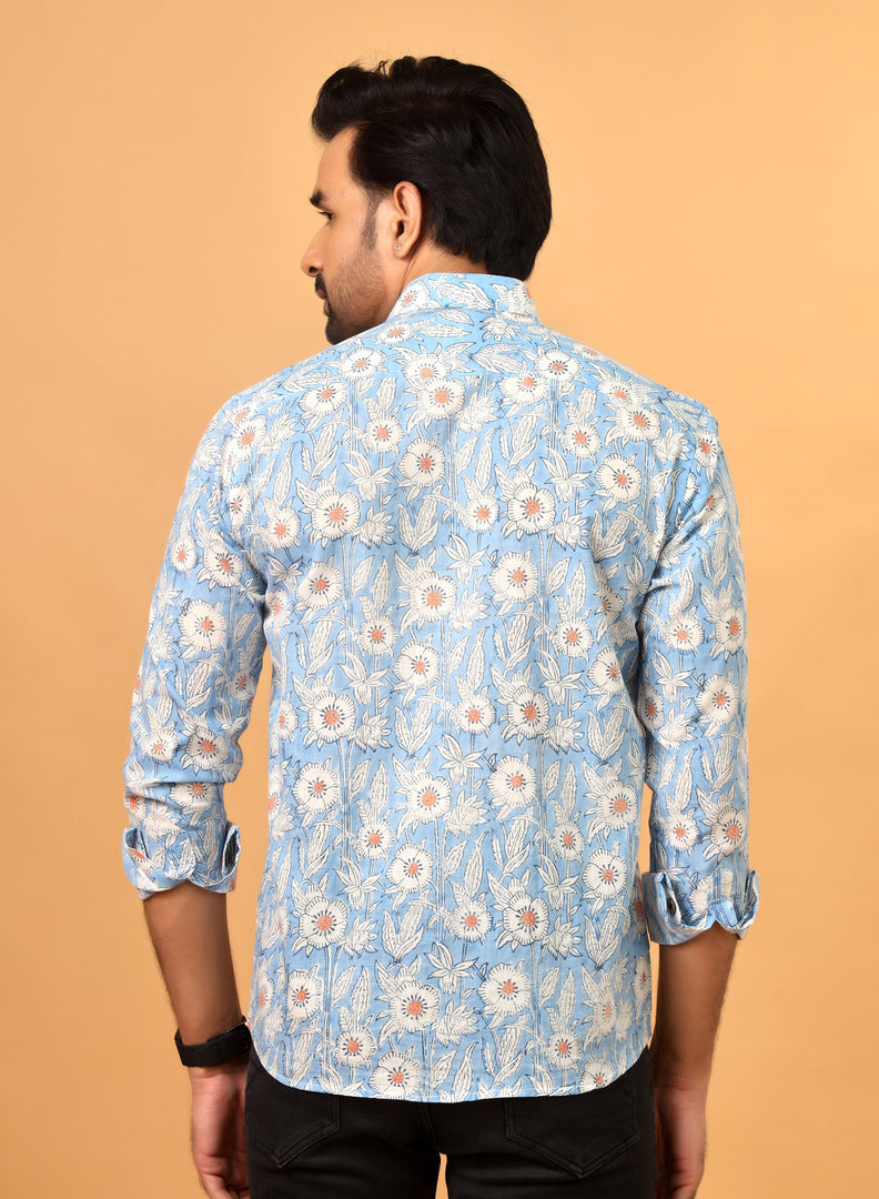 Men's Blue and White Floral Printed Cotton Shirt