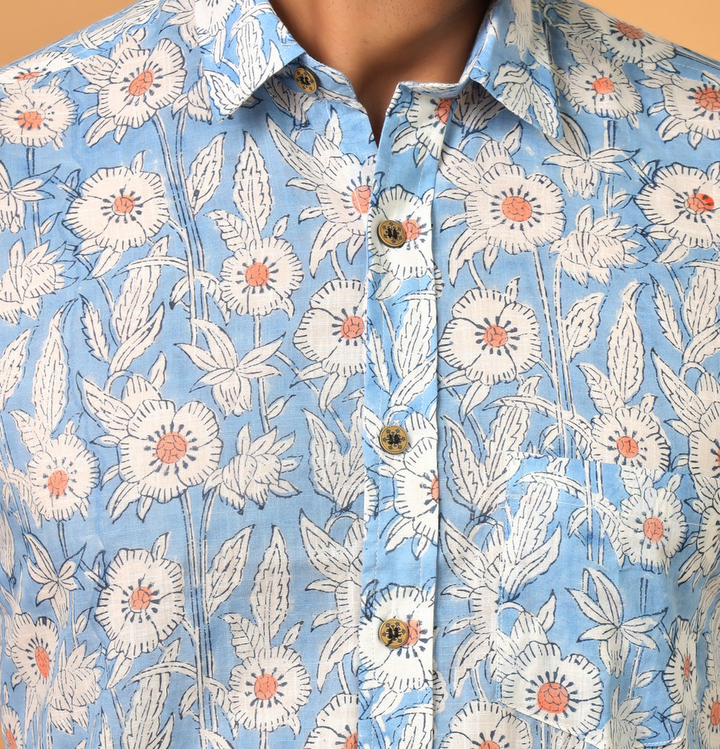 Men's Blue and White Floral Printed Cotton Shirt