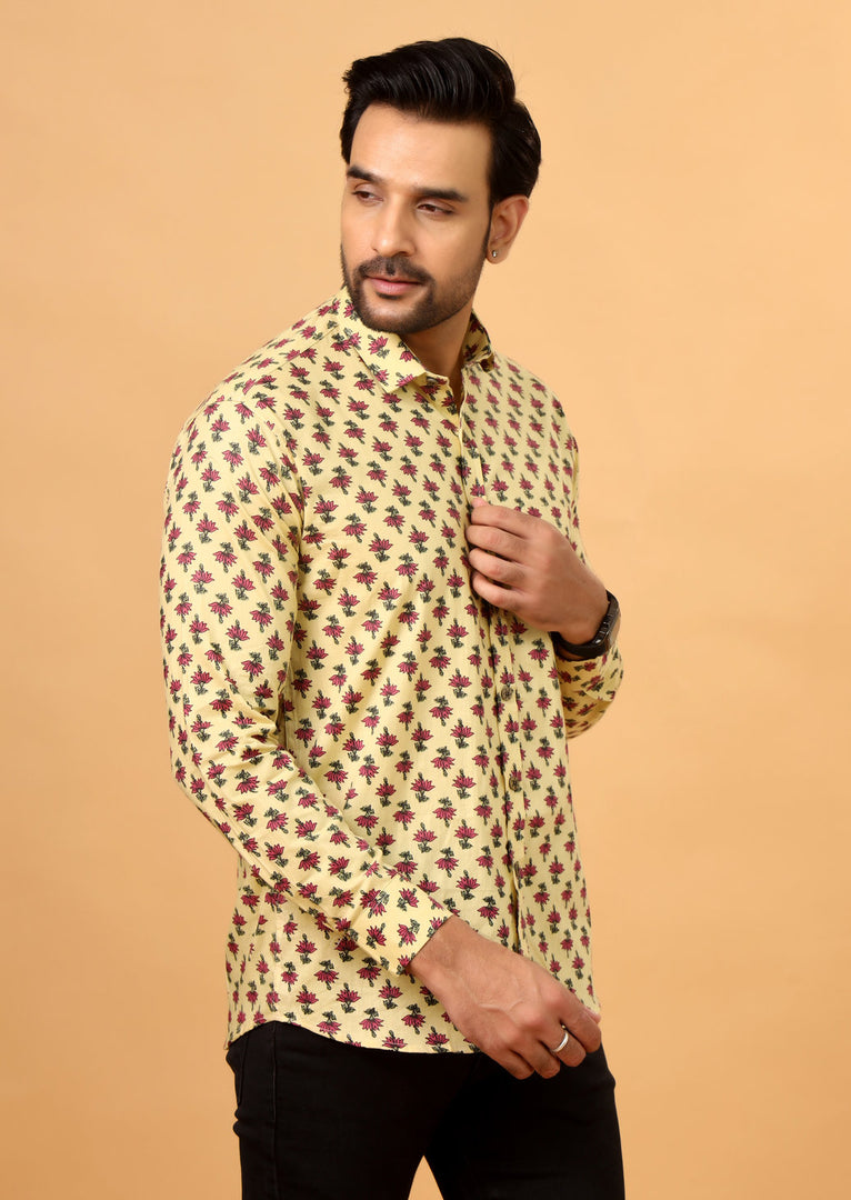 Yellow Floral Printed Cotton Shirt for Men – Casual Everyday Wear