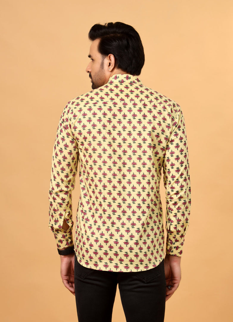 Yellow Floral Printed Cotton Shirt for Men – Casual Everyday Wear