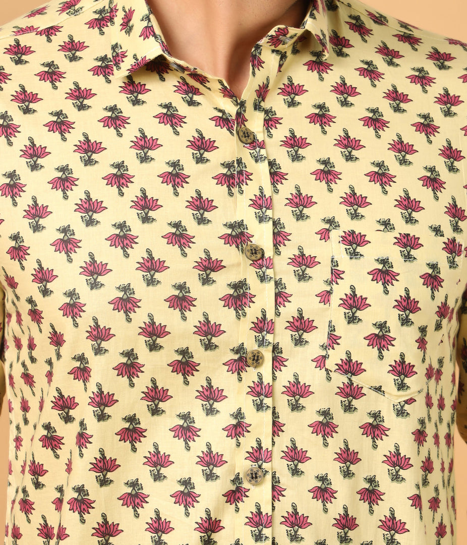Yellow Floral Printed Cotton Shirt for Men – Casual Everyday Wear