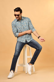 Stylish Teal Floral Shirt for Men – Premium Cotton