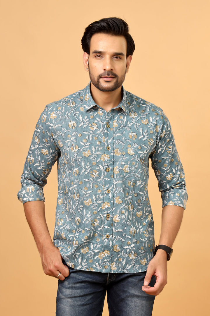 Stylish Teal Floral Shirt for Men – Premium Cotton