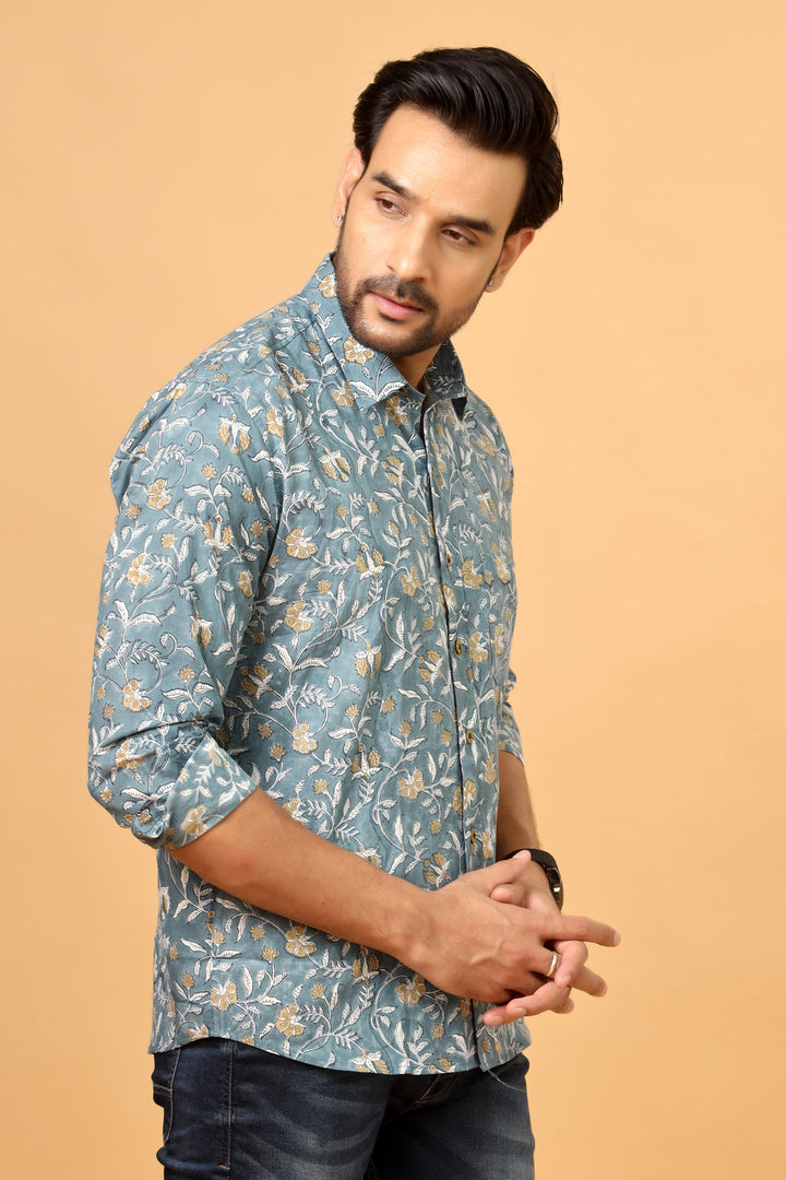 Stylish Teal Floral Shirt for Men – Premium Cotton