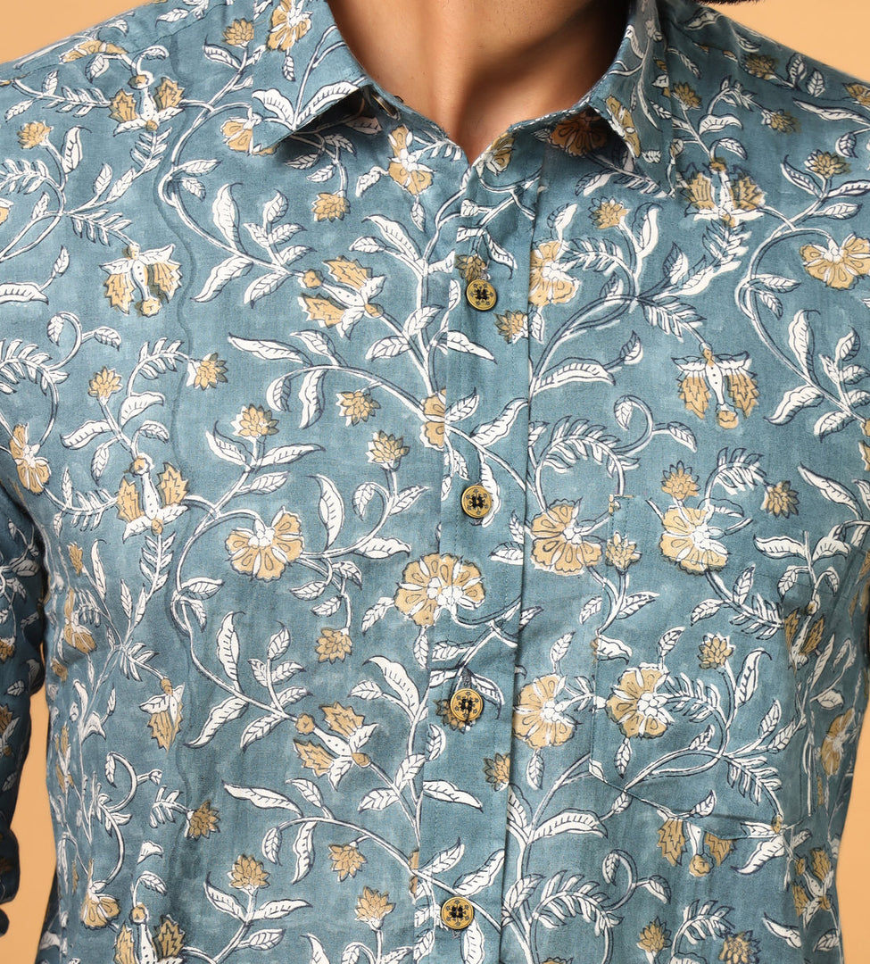 Stylish Teal Floral Shirt for Men – Premium Cotton