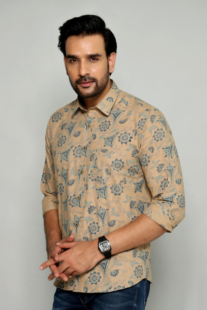 Elegant Floral Pattern Shirt for Men – Beige and Blue Design