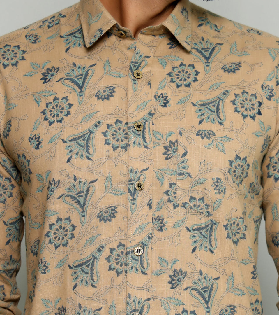 Elegant Floral Pattern Shirt for Men – Beige and Blue Design