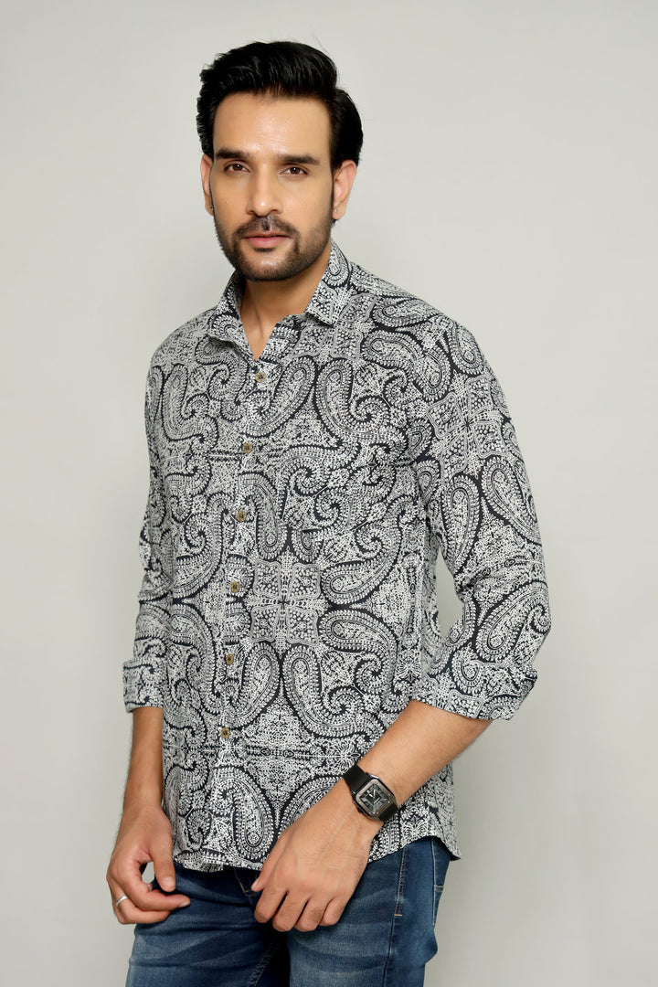 Classic Ajrakh Style – Black & White Printed Shirt