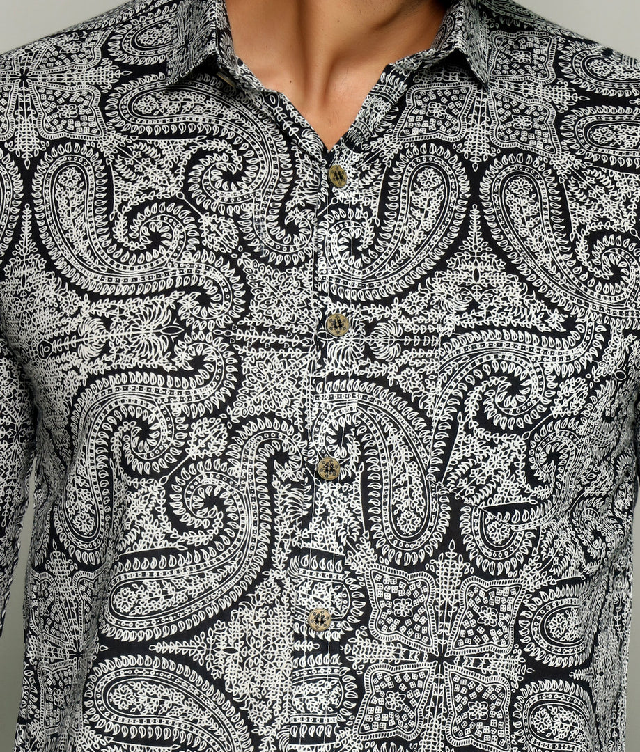 Classic Ajrakh Style – Black & White Printed Shirt