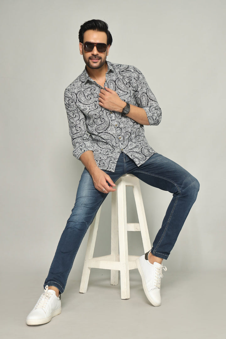 Classic Ajrakh Style – Black & White Printed Shirt