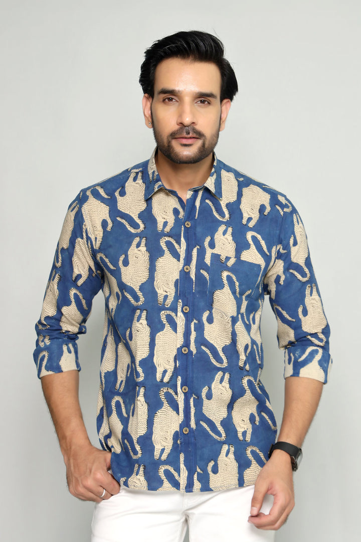 Stylish Blue Shirt with Artistic Animal Pattern