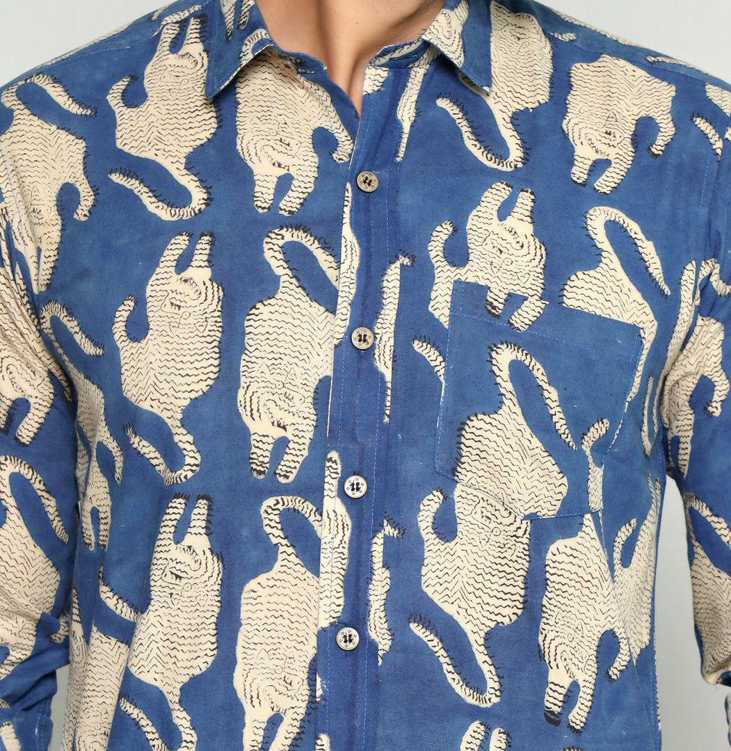 Stylish Blue Shirt with Artistic Animal Pattern