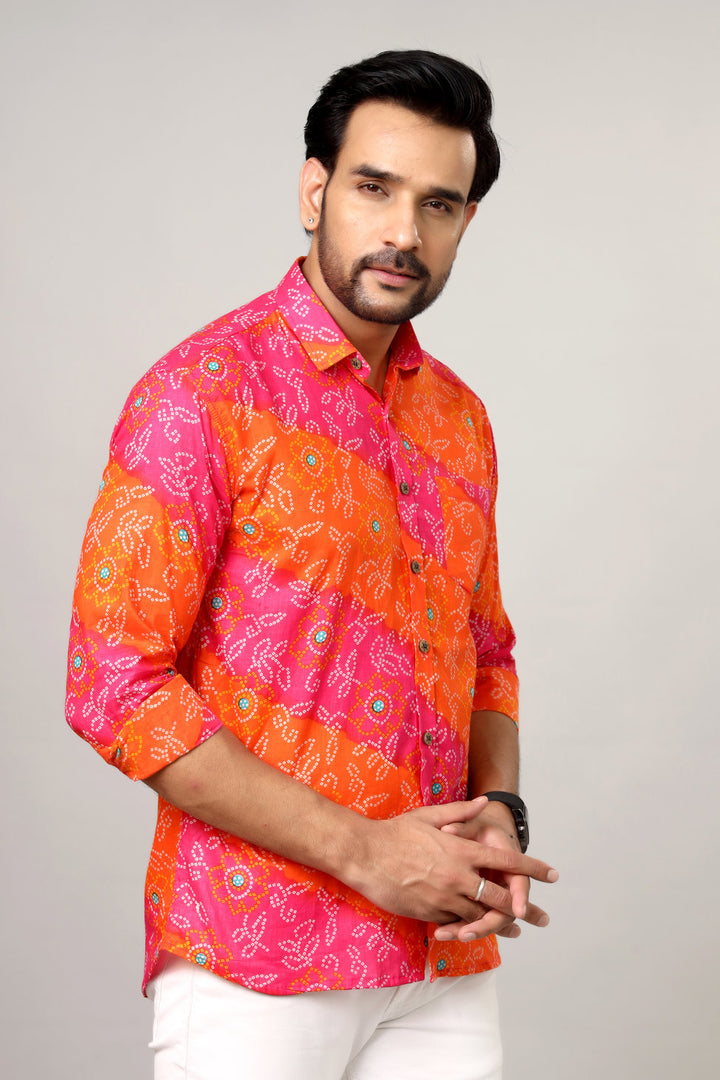 Rangdeep – Red Bandhani Printed Cotton Shirt