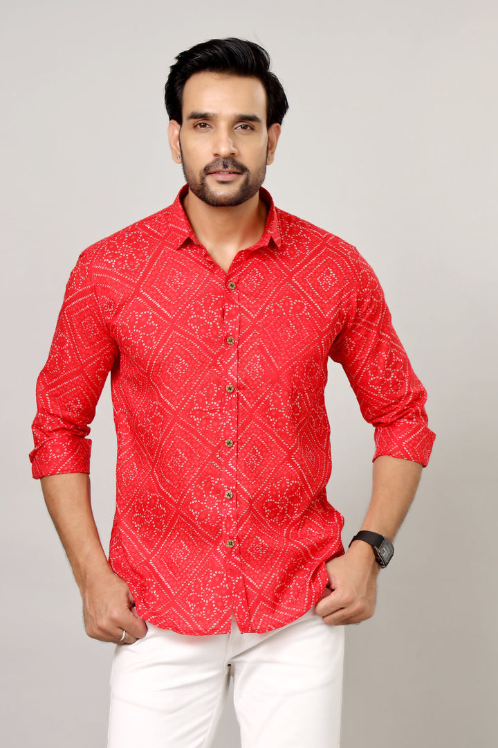 Traditional Bandhani Motif Shirt – Red