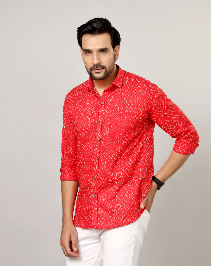 Traditional Bandhani Motif Shirt – Red