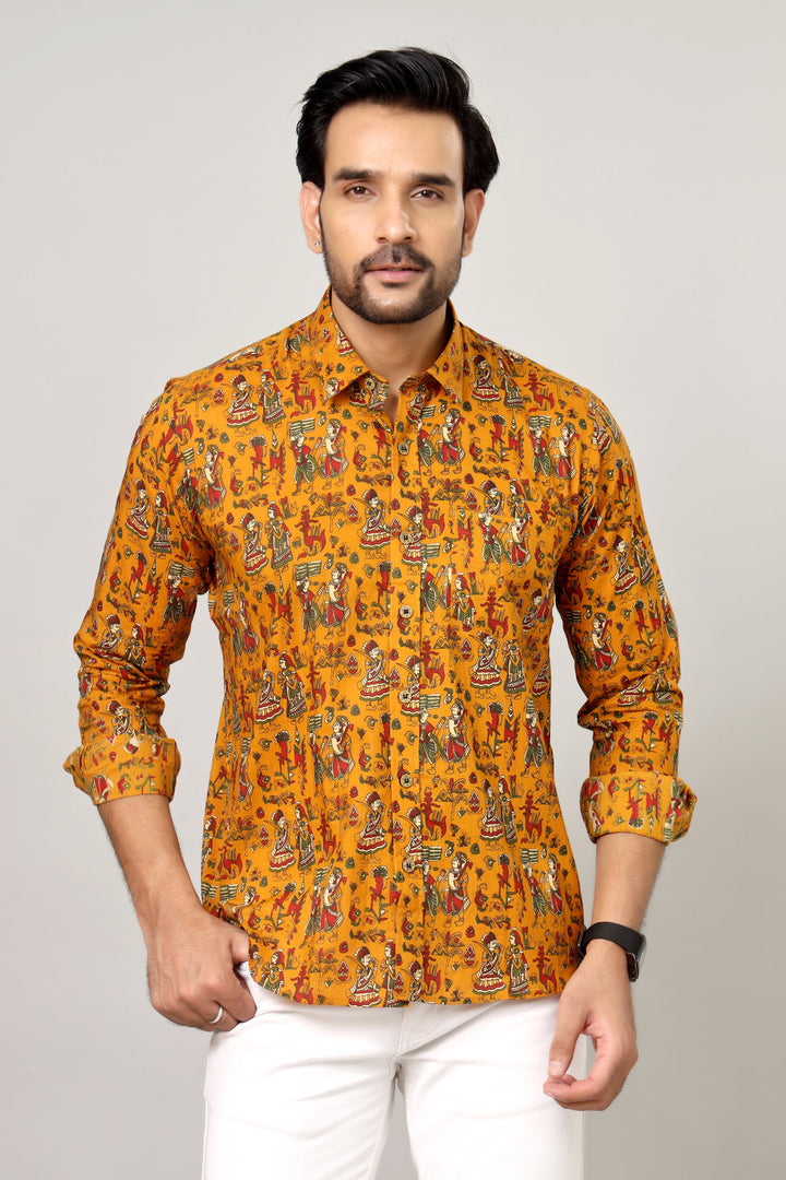Mustard Folk Art Figures Full Sleeve Shirt