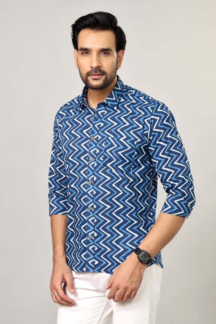 Blue Zigzag Sanganeri Print Cotton Shirt for Men