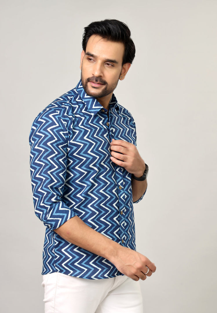 Blue Zigzag Sanganeri Print Cotton Shirt for Men