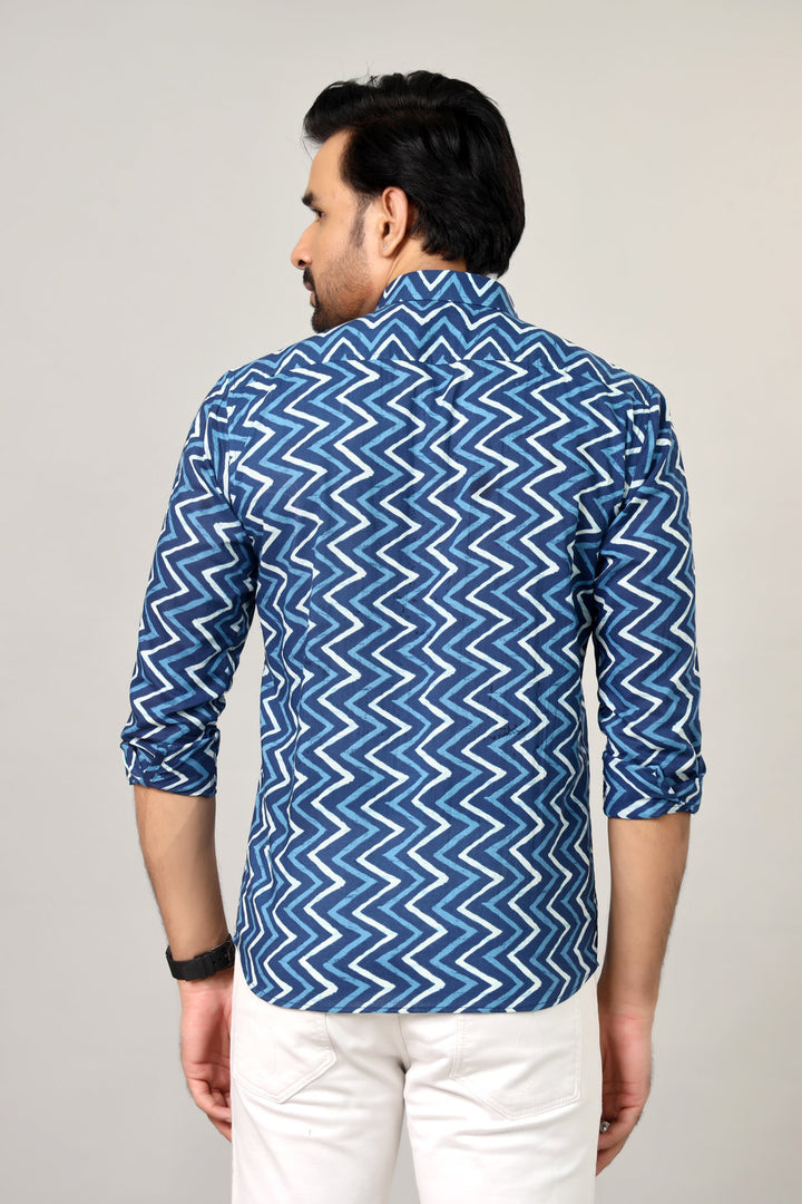 Blue Zigzag Sanganeri Print Cotton Shirt for Men