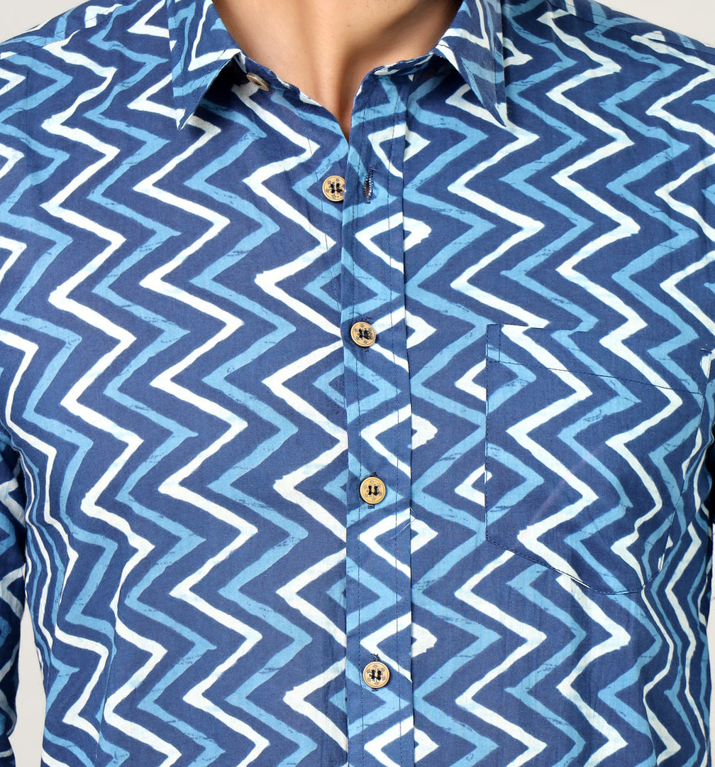 Blue Zigzag Sanganeri Print Cotton Shirt for Men