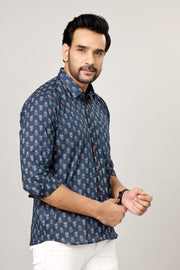 Men’s Blue Sanganeri Handblock Print Shirt