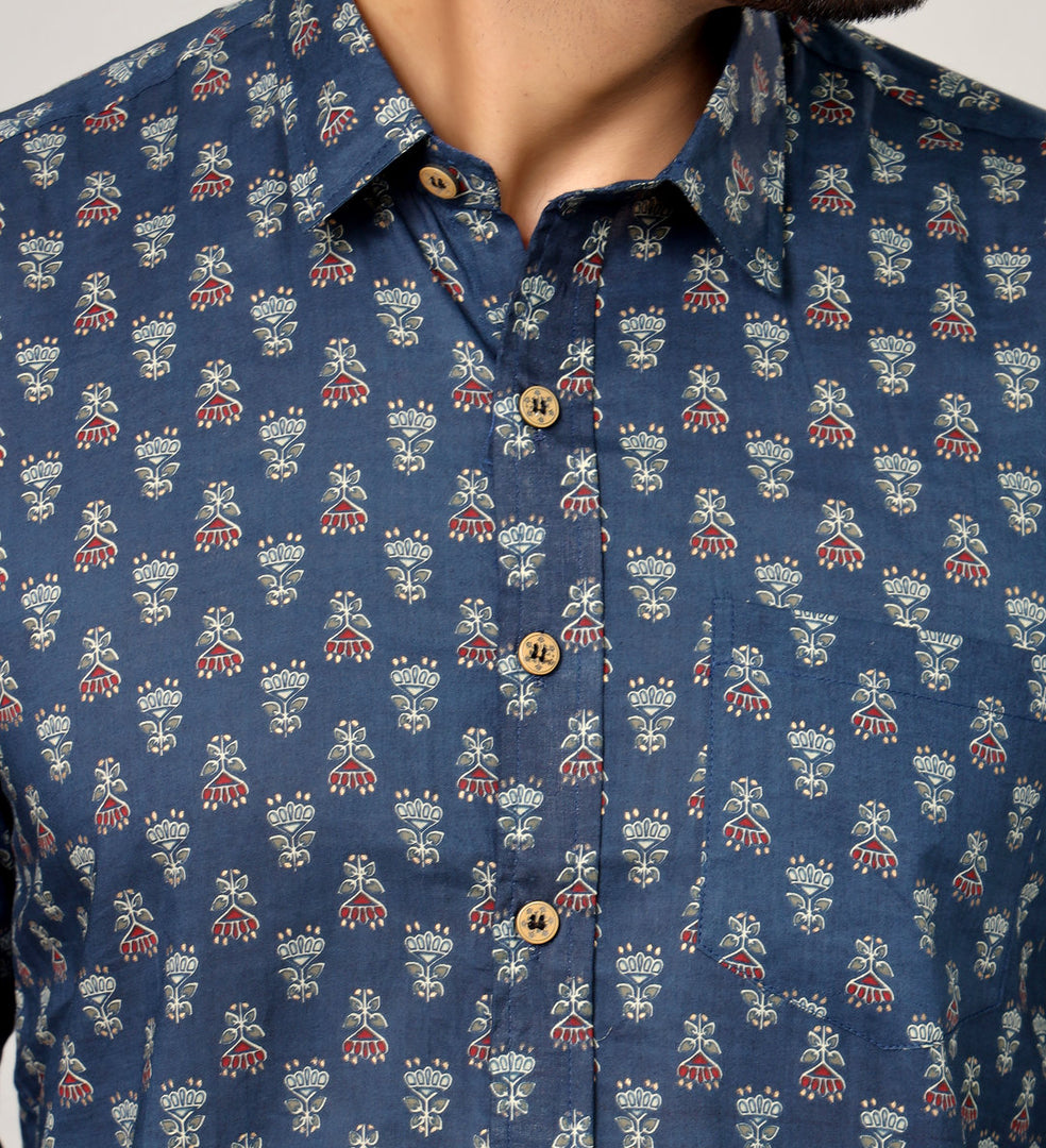 Men’s Blue Sanganeri Handblock Print Shirt