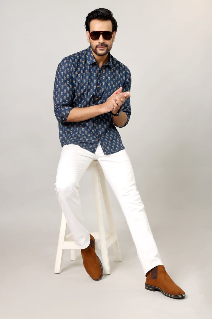 Men’s Blue Sanganeri Handblock Print Shirt