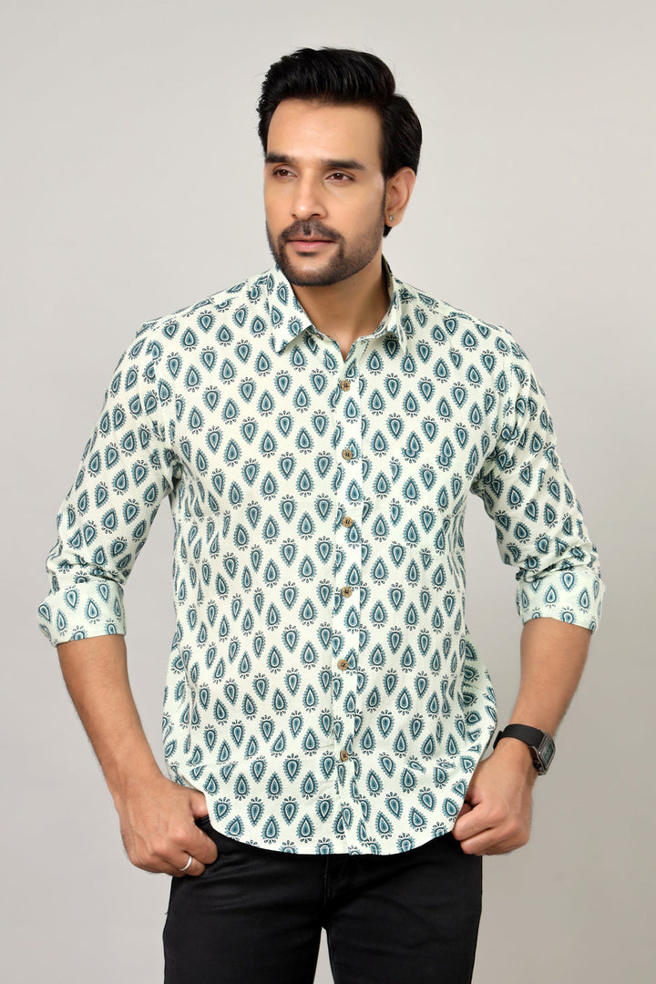 White & Teal Sanganeri Paisley Print Cotton Shirt for Men